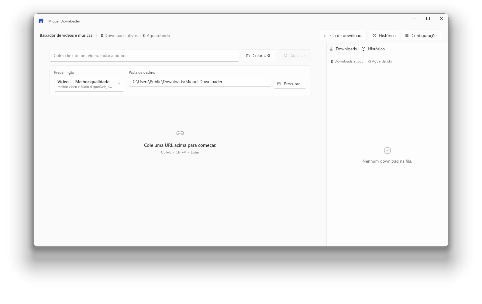 Janela do Miguel Downloader com um link do YouTube já analisado: título do vídeo, duração, escolha entre vídeo e somente áudio, contêiner, prioridade de qualidade, tamanho estimado e o painel de fila à direita.